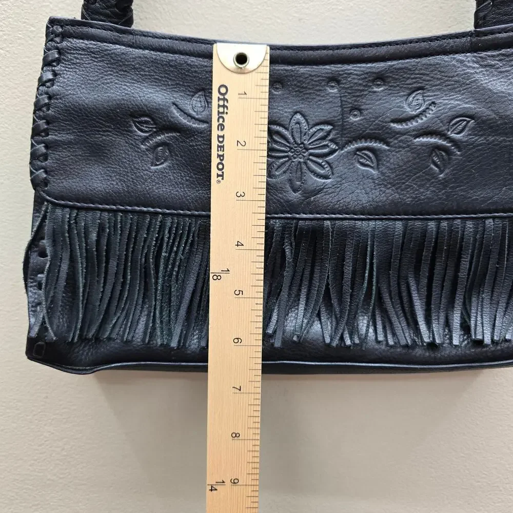 VTG Fossil Floral Tooled Leather Fringe Shoulder Bag Handbag Boho Western Black